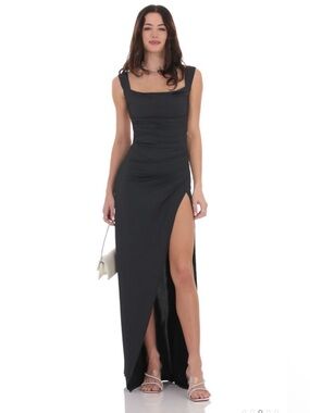 Lucy In The Sky Wms Open Back Ribbon Bow Ruched High Thigh Slit Maxi Dress XS